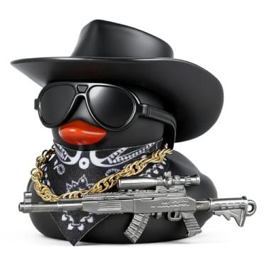 Imagem de BOZILY Ornamentos de carro de pato de borracha preta para painel - chapéu de caubói, óculos de sol, bandana, corrente de ouro e acessório de arma, som de apertar o barulho, decoração divertida DIY