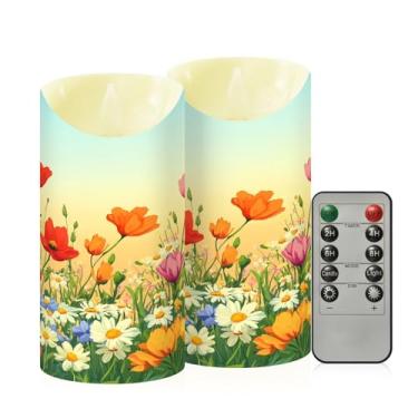 Imagem de Wassud Pacote com 2 velas vibrantes de campos de flores sem chama com controle remoto, velas realistas cintilantes com temporizador, velas decorativas para Natal, casamento, festa, decoração de casa