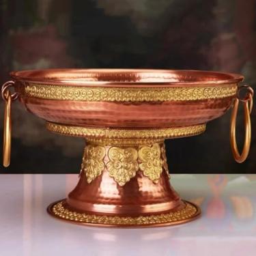 Imagem de FENNYYAR Prato de frutas de cobre vermelho para casa, 26 cm 10,2 polegadas, ornamento de consagração frontal de Buda