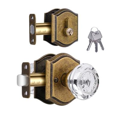 Imagem de CLCTK Conjunto combo de maçaneta de porta de passagem de cristal de vidro e fechadura de cilindro único, acabamento em latão antigo