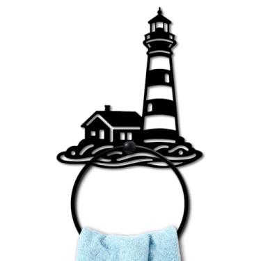 Imagem de MAYJOYDIY Anel de toalha de metal para farol costeiro, onda, oceano, preto, suporte de toalha de mão, pequeno para armazenamento doméstico, acessórios de banheiro para banheiro, cozinha, lavatório