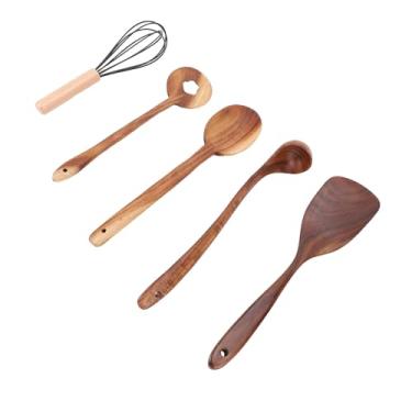Imagem de Eujgoov Espátula de Madeira para Cozinhar, Utensílios de Cozinha Antiaderentes de Madeira Composta Definidos Com Batedor de Ovos 5 Peças Design Ergonômico para Assar, Fritar e Mexer (B)