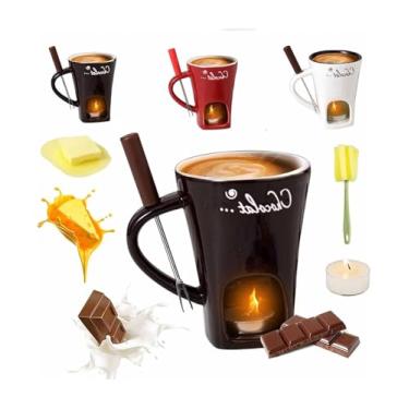 Imagem de SNCIDSGE Uma caneca de fondue de chocolate atualizada com garfo e vela, pode derreter chocolate, manteiga e queijo, casamentos e outras ocasiões (marrom com velas)