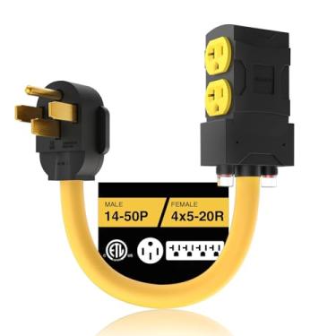 Imagem de M1A2 [240V para 120V] Adaptador 50A 20A 110A com adaptador de gerador de disjuntor RV NEMA 14-50P para 4X 5-15R/5-20R T-Blade Multiple Use Lista ETL de 0,5 m soquete doméstico