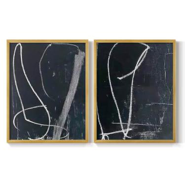 Imagem de Renditions Gallery Conjunto de 2 impressões emolduradas para destacar e colar, arte de parede abstrata, traços de giz em tela preta, adesivo - pronto para pendurar - 56 x 71 cm - moldura dourada LT608
