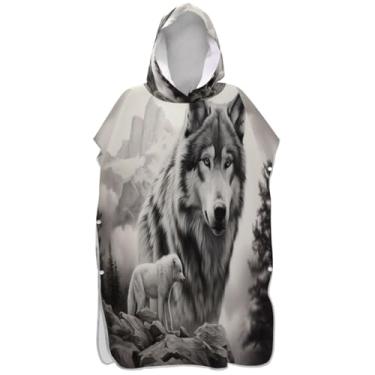 Imagem de Joisal Poncho de surfe para adulto trocador de roupas de banho com capuz toalhas vestíveis lobo tinta desenho ponchos femininos com capuz