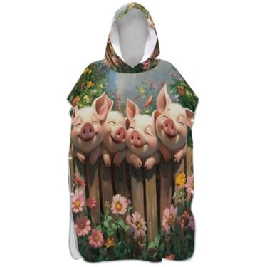 Imagem de Joisal Cute Pig Poncho de surfe de flores coloridas para adultos trocador de roupão de secagem rápida masculino e feminino com capuz toalha de banho com capuz de praia