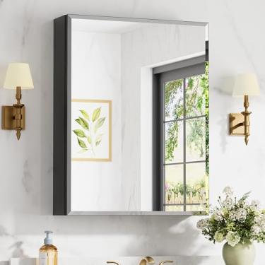 Imagem de Armário de remédios de 61 x 76 cm com espelho, armário de remédios de alumínio, espelho de borda chanfrada temperada, porta única, prateleiras ajustáveis, espelhos de banheiro de montagem em