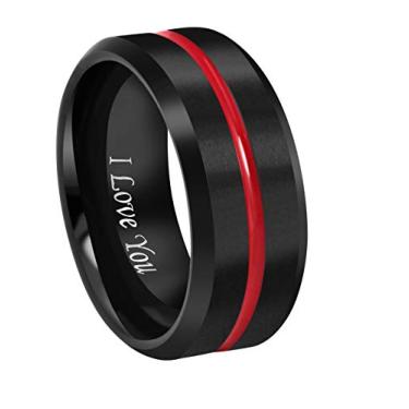 Imagem de CROWNAL Aliança de casamento de carboneto de tungstênio escovado preto sulco vermelho 6 mm, 8 mm, 10 mm, gravação "I Love You", tamanho 5 a 17, Tungstênio, carboneto de tungstênio, Tungstênio