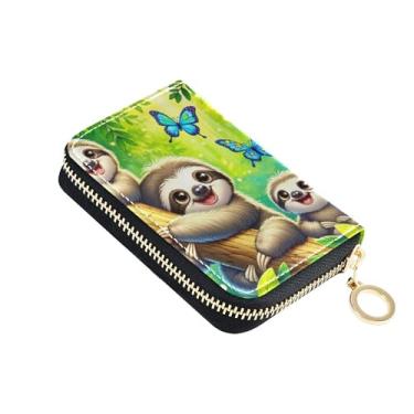 Imagem de Carteira feminina de desenho animado com zíper, protetor de cartão de crédito, bloqueio RFID, fofo, preguiça, verde, zíper para cartão e dinheiro