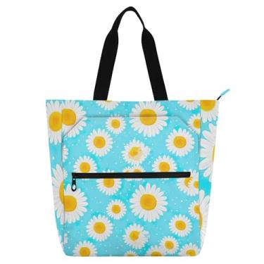 Imagem de GAIGEO Daisies Bolsa feminina azul claro para trabalho, lona, praia, escola, bolsa reutilizável com compartimentos