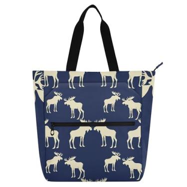 Imagem de GAIGEO Moose Navy Wildlife Silhouettes Tote Bag para crianças e mulheres, trabalho, escola, livro, zíper, lona, reutilizável, bolsa de mão