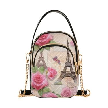Imagem de Flores azuis e folhas verdes em crossbody feminino xadrez azul, bolsa de ombro transversal, bolsas de ombro para mulheres modernas, Vintage Paris Pink Roses and Eiffel Tower-1, One Size