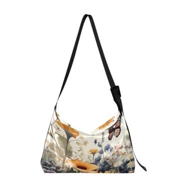 Imagem de Bolsa de ombro ajustável borboleta azul voando no céu, bolsa tiracolo feminina, bolsa de ombro, Flores silvestres com borboletas - 3, One Size