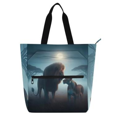 Imagem de GAIGEO Bolsa feminina de lona para trabalho com pintura de leões de animais africanos com zíper, bolsas para professores, amantes de livros