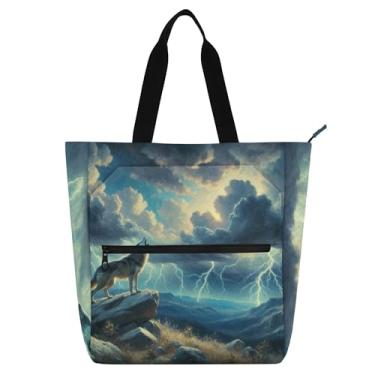 Imagem de GAIGEO Bolsa feminina Wolf Howling Lightning de lona, bolsa escolar com zíper, utilitária, bolsa infantil com compartimentos