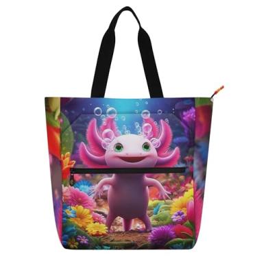 Imagem de GAIGEO Axolotl rosa colorida floral bolsa feminina para trabalho lona escolar bolsa de livros utilitária presente infantil para amantes de livros bolsas