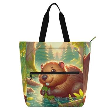 Imagem de Linda bolsa de trabalho com estampa de animal de castor para mulheres, bolsa de lona universitária, bolsas infantis, bolsas fofas, presente para amantes de livros