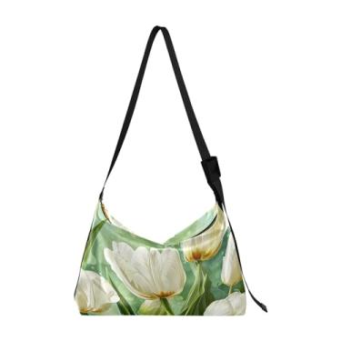 Imagem de Bolsa tiracolo grande nebulosa colorida, bolsa transversal de alça larga, bolsa Hobo transversal de couro para mulheres, Tulipas brancas em verde - 4, One Size