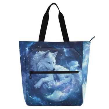 Imagem de GAIGEO Bolsa de mão reutilizável de lona com zíper azul lobo fantástico para mulheres, crianças, adolescentes, escola, trabalho, viagem, viagem