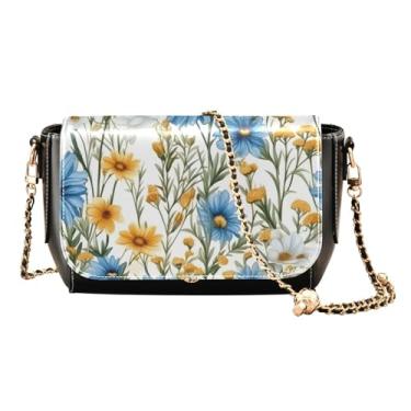 Imagem de Bolsas de ombro femininas pretas com cogumelos e plantas, bolsas de couro transversais para mulheres, Flor azul e branca - 1, One Size
