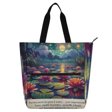 Imagem de Waterlily Monet Painting Work Tote Bag para mulheres lona praia livro tote com zíper bolsas diárias amantes de livros presentes