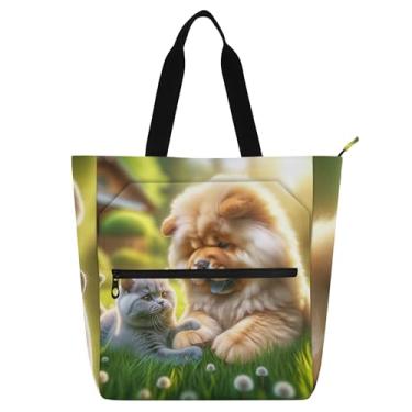 Imagem de Sacola feminina Chow Chow para cães e gatos para trabalho, lona, escola, com zíper, bolsas de viagem, presente para amantes de livros