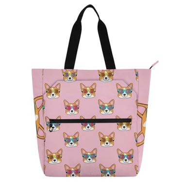 Imagem de Linda bolsa de mão rosa de desenho animado Corgi para mulheres bolsas de tecido de lona para trabalho universitário bolsas de tecido escolar presente para amantes de livros