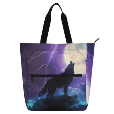 Imagem de GAIGEO Silhouette Lobo Uivando Lua Sacola Feminina de Trabalho Lona Praia Livro Bolsa Zíper Reutilizável Presente para Amantes de Livros Bolsas