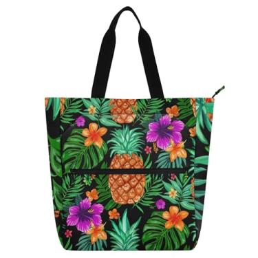 Imagem de GAIGEO Bolsa de lona floral vibrante de abacaxi tropical para mulheres, crianças, escola, trabalho, zíper