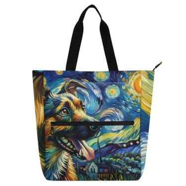 Imagem de GAIGEO Linda bolsa feminina com estampa de cachorro estrelado, bolsa de trabalho de lona, para livros de praia, com zíper, mensageiro, presente para amantes de livros