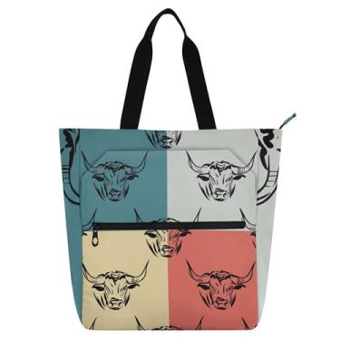 Imagem de GAIGEO Bolsa feminina colorida Bulls para trabalho, lona, praia, livro, com zíper, presente médio para amantes de livros