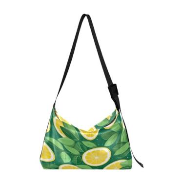 Imagem de Borboleta azul com uma bolsa tiracolo masculina de couro estrelado, bolsa transversal grande de couro, bolsa tiracolo Hobo, Fatias de limão em um verde - 1, One Size