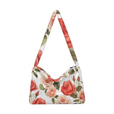 Imagem de Bolsas de ombro femininas com listras rosas azuis, bolsa para livros, bolsas de outono, Rosas aquarela-4, One Size