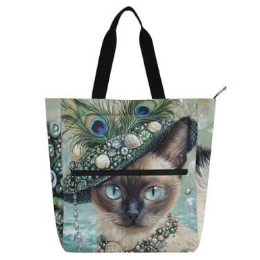 Imagem de GAIGEO Sacolas femininas vintage siamesas para trabalho com chapéu de penas de gato siamês bolsa escolar bolsa utilitária para crianças com compartimentos