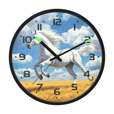 Imagem de SEHANY Relógio de parede artístico majestoso cavalos silencioso, sem tique-taque, relógio redondo operado por bateria, controle de som, luz noturna, relógios de parede para sala de estar, cozinha