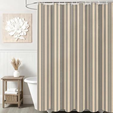 Imagem de Ksriylm Cortina de chuveiro retrô azul escuro listrado linho algodão impermeável, cortinas de chuveiro listradas engraçadas para decoração de banheiro, cortina de chuveiro de tecido chique 183 cm L x
