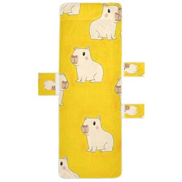 Imagem de Linda capa de toalha de cadeira de praia amarela capivaras com bolso superior ajustado para espreguiçadeira tropical 216 x 76 cm