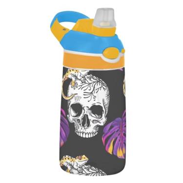 Imagem de Garrafa de água infantil Tritan de 473 ml, à prova de vazamento, 473 ml, com canudo, copos de viagem portáteis reutilizáveis para crianças, alça de transporte, esqueleto animal roxo aquarela