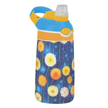 Imagem de Garrafa de água infantil amarela Starry Sky Flowers para escola, 473 ml Tritan 473 ml, garrafa de água esportiva com canudo, copos de viagem portáteis infantis à prova de vazamento, alça de transporte