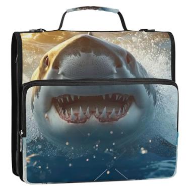 Imagem de Fichário rosa com 3 anéis, anel D de 3,8 cm, tubarão, azul marinho, zíper, organizador de fichário, estojo de armazenamento com alça, bolsa escolar com alça de ombro