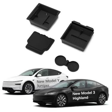 Imagem de BurtyPokie Bandeja organizadora de console central para Tesla Model Y Juniper 2025 2026 e Model 3 Highland 2024 2025 2026, caixa de armazenamento oculta de apoio de braço de camada dupla com suporte