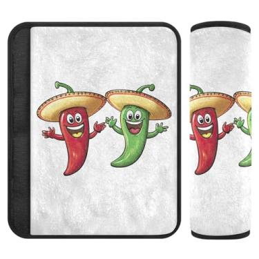 Imagem de Joitme Capas de alça de assento de carro de flanela macia Happy Red Green Chili Peppers - Almofadas acolchoadas para carros, bolsas de câmera e mochilas