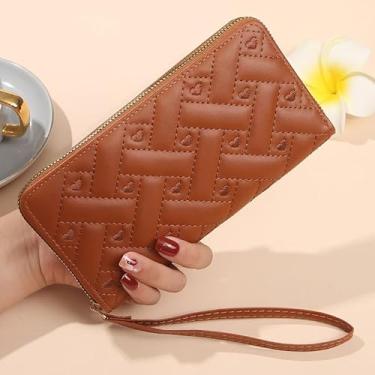 Imagem de Carteira feminina de couro genuíno com dobra dupla/tripla - Suporte minimalista para cartão de crédito com bloqueio de RFID e bolso para moedas, Marrom, Casual