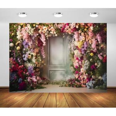 Imagem de Pano de fundo de parede de flores, 3 x 2,4 m, tecido de poliéster, flores coloridas desabrochando, retrô, fundo para porta para recém-nascidos, chá de casamento, festa de aniversário, banner, adereços