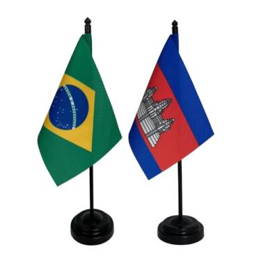 Imagem de Kit Bandeira de Mesa Brasil e Camboja, 26cm Altura, 18x11cm Bandeiras, Multicolorido, Oxford, Base Plástica, para Escritório, Eventos, Decoração