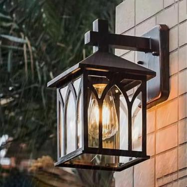 Imagem de E27 Apliques de parede exterior IP65 impermeável metal alumínio candeeiros de parede abajur de vidro vintage industrial exterior iluminação para varanda jardim terraço (sem lâmpada) (preto, 1 peça)
