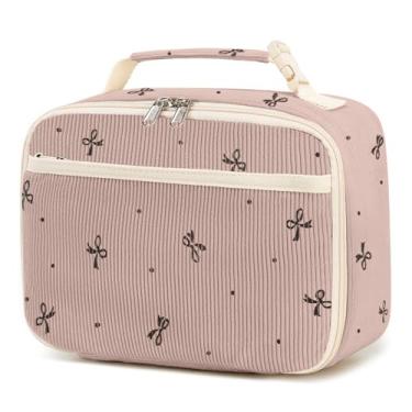 Imagem de GODWOODS Lancheira fofa para mulheres e homens, lancheira pequena de veludo cotelê com compartimentos térmicos e organizadores, lancheira isolada para viagens e trabalho (laço rosa)