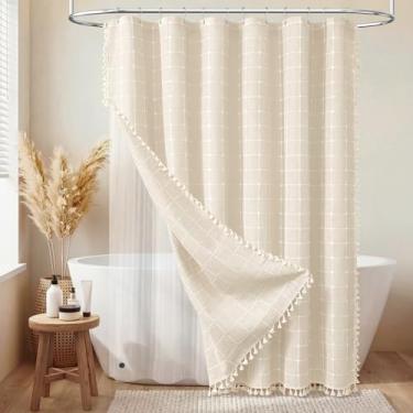 Imagem de BTTN Cortina de chuveiro 3 em 1 com forro PEVA, conjunto de cortina de chuveiro de tecido de linho boêmia creme com gancho de plástico, cortina de chuveiro de pano impermeável para banheiro, bege, 182
