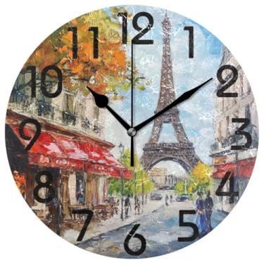 Imagem de ZzWwR Relógio de parede redondo de decoração grande, pintura colorida da Torre Eiffel de Paris, 25,4 cm, analógico, silencioso, sem tique-taque, relógio de mesa para casa/cozinha/sala de estar/quarto